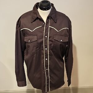 Men's Casual Western Brown Shirt with White Trim - Size Large